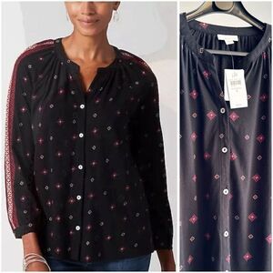 J Jill Small Printed Knit Button-Front Top Blouse Peasant Black Medallion NWT